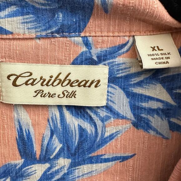Caribbean Pure Silk Orange Blue Tropical Button Down Shirt Size XL *READ - Picture 2 of 7